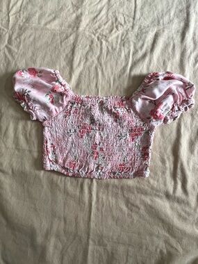 Pink Floral Smocked Puff Sleeve Crop Top